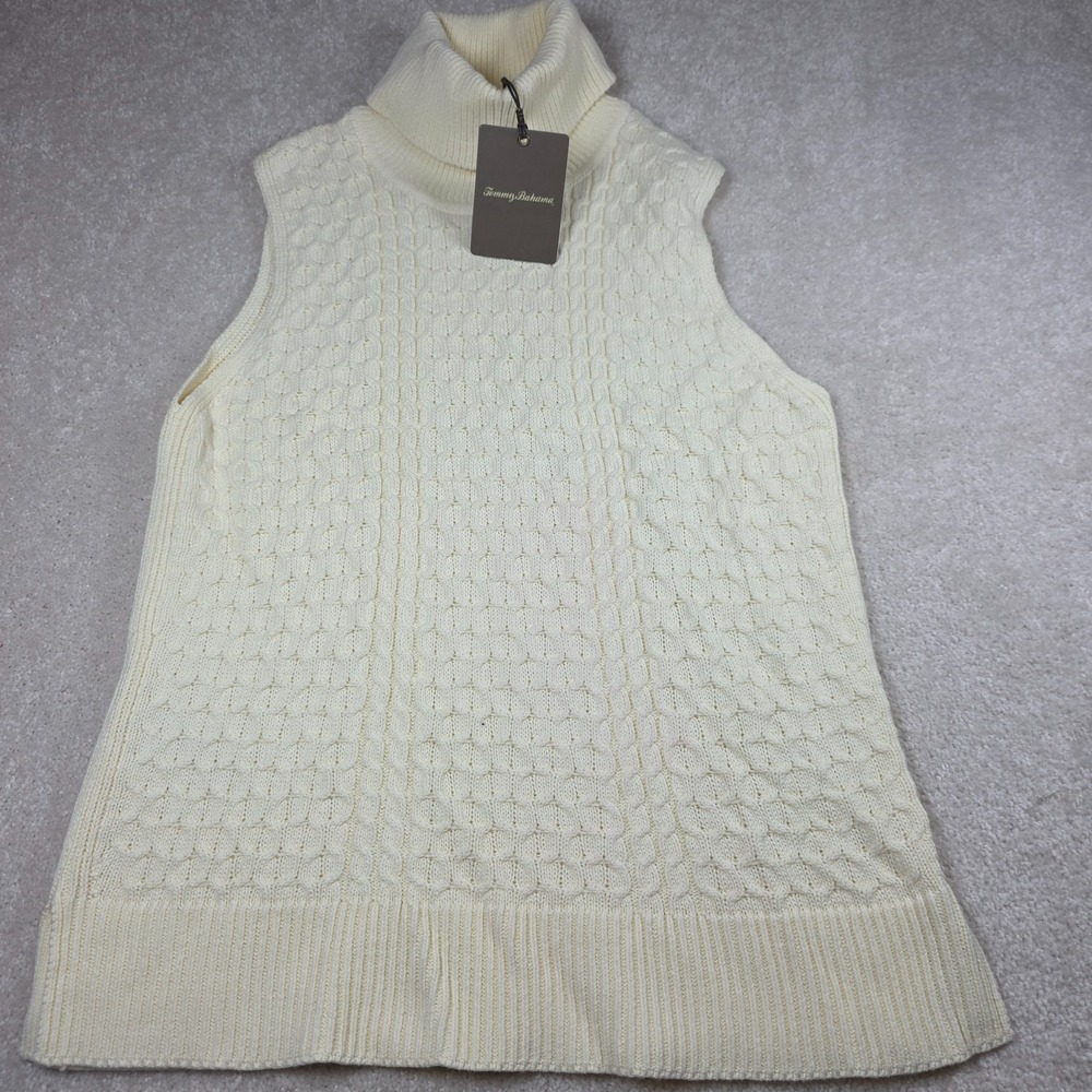 Tommy Bahama Sleeveless Turtleneck Sweater Womens Med Cream Cable Knit Coastal
